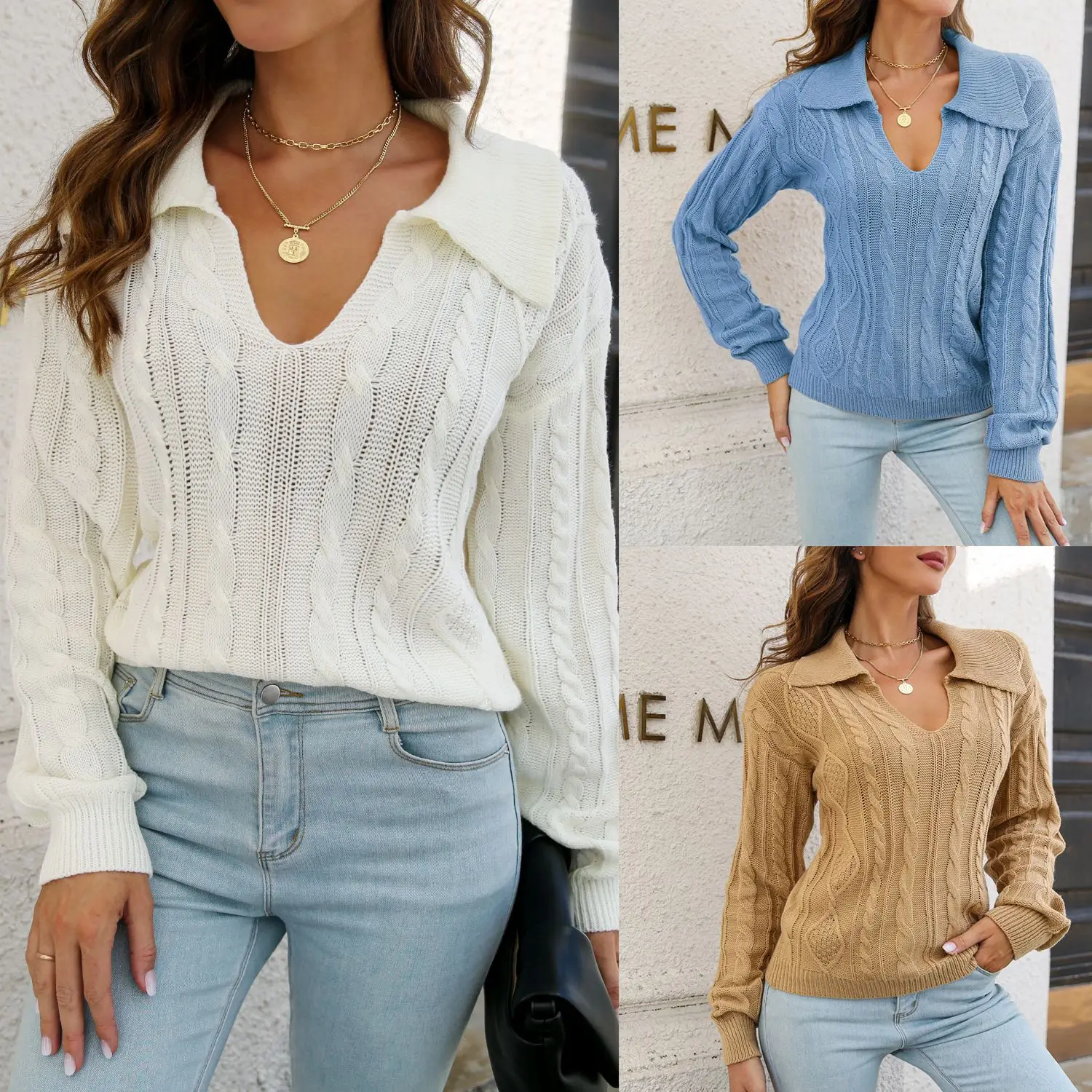 

2023 Spring Summer New Casual Loose Lapel Women Knitting Pullover Long Sleeve Female Sweater Girl Tops