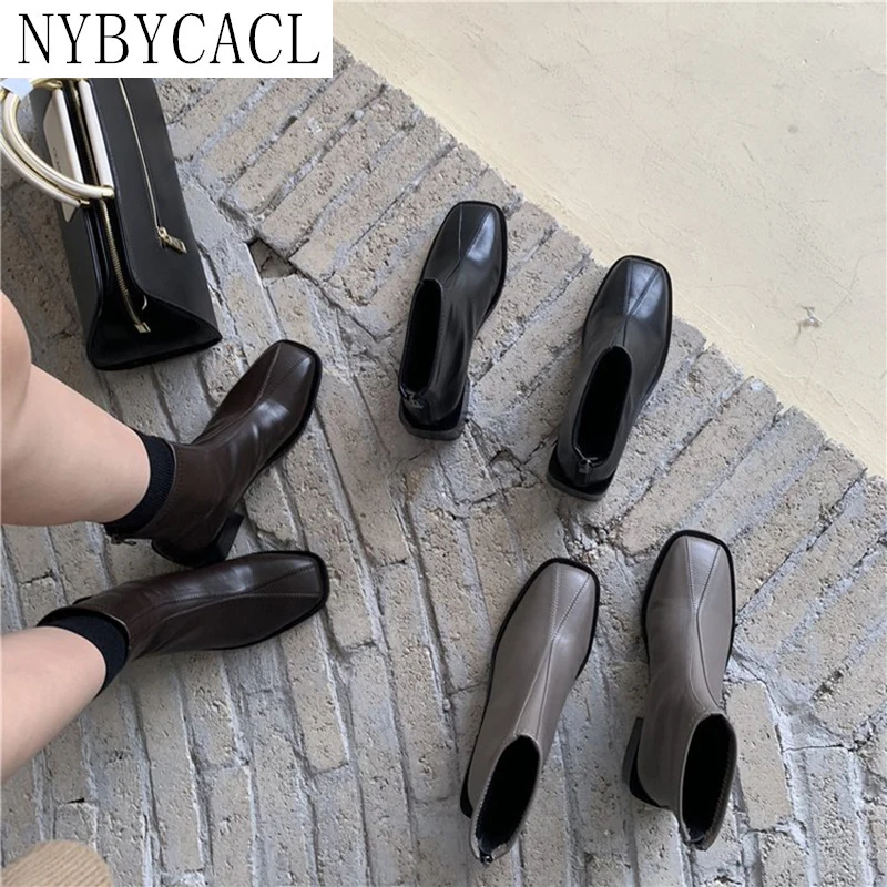 

New Ankle Boots For Women Casual Zipper Square Heels Fashion Grey/Black/Brown Short Booties Spring Autumn Ladies Shoes 2022