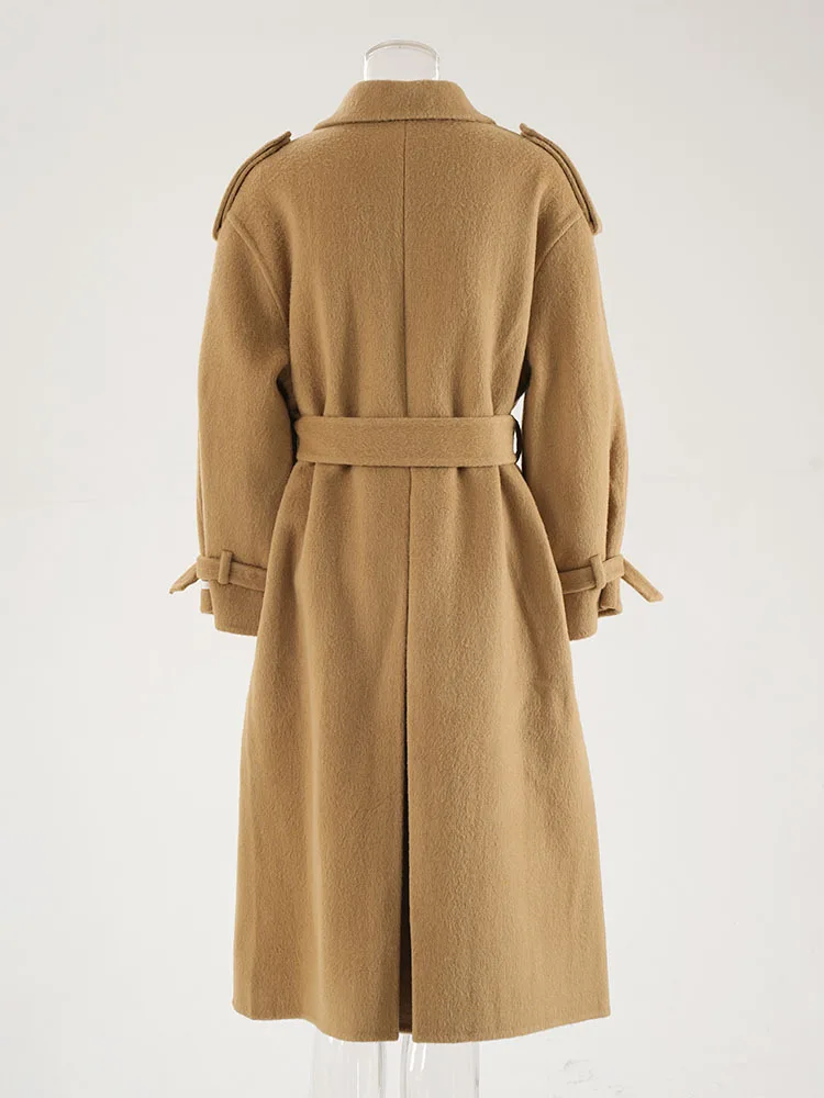 LGRQ модное женское шерстяное пальто цвета хаки с лацканами свободное двубортное