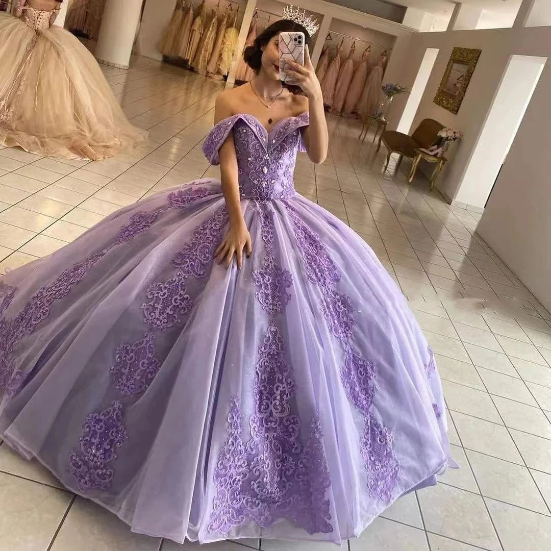 

ANGELSBRIDEP Lavender Off Shoulder Quinceanera Dresses Vestidos De 15 Anos Beading Crystal Lace Up Cinderella 16 Princess Gowns