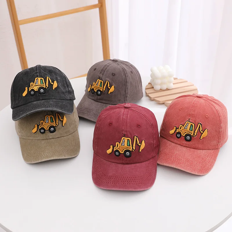 

New Washed Cotton Baby Baseball Caps Cartoon Excavator Embroidery Kids Cap Outdoor Summer Snapback Hats For Boys Girls
