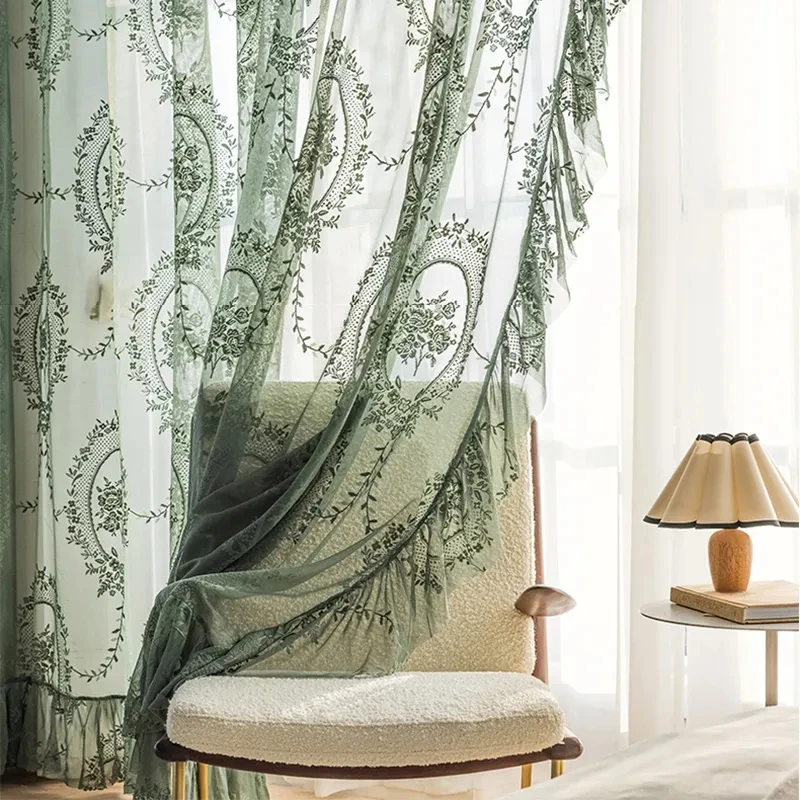 

Pastoral Flowers Embroidery Dark Green Ruffled Lace Sheer Tulle Curtains For Farmhouse Livingroom Wedding Party Window Drapes