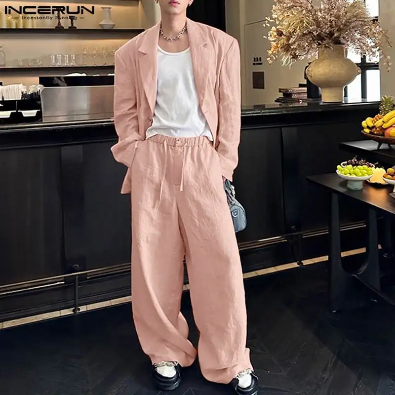 

Комплекты INCERUN 2023 красивые новые мужские стильные комплекты однотонные универсальные Костюмные брюки силуэта с длинным рукавом Повседневные комплекты из двух предметов