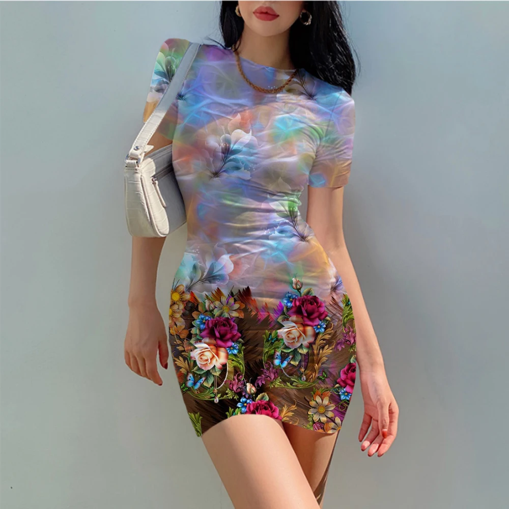 

Vintage Casual Dress Women Harajuku Print Slim Pencil Sheath Dress Floral Chic Boho Women Mini Sexy Dress vestidos ropa mujer