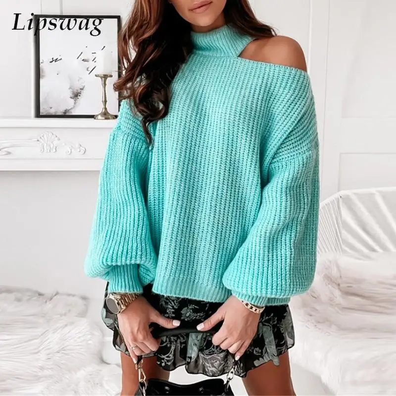 

Женский трикотажный свитер-водолазка, повседневный однотонный свободный джемпер с открытыми плечами и рукавами-фонариками, 2022