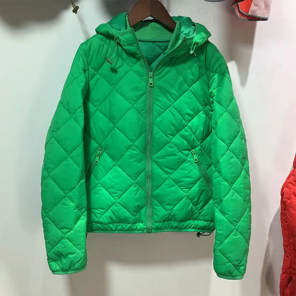 Autumn and winter new fashion women's casual all-match solid color diamond plaid hooded light padded jacket