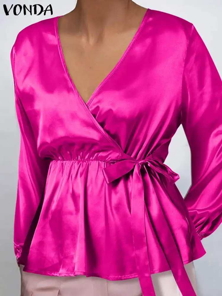 

Модные атласные топы 2022 VONDA, элегантная женская блузка в офисном стиле с длинными рукавами-фонариками, однотонные гофрированные блузки, бан...
