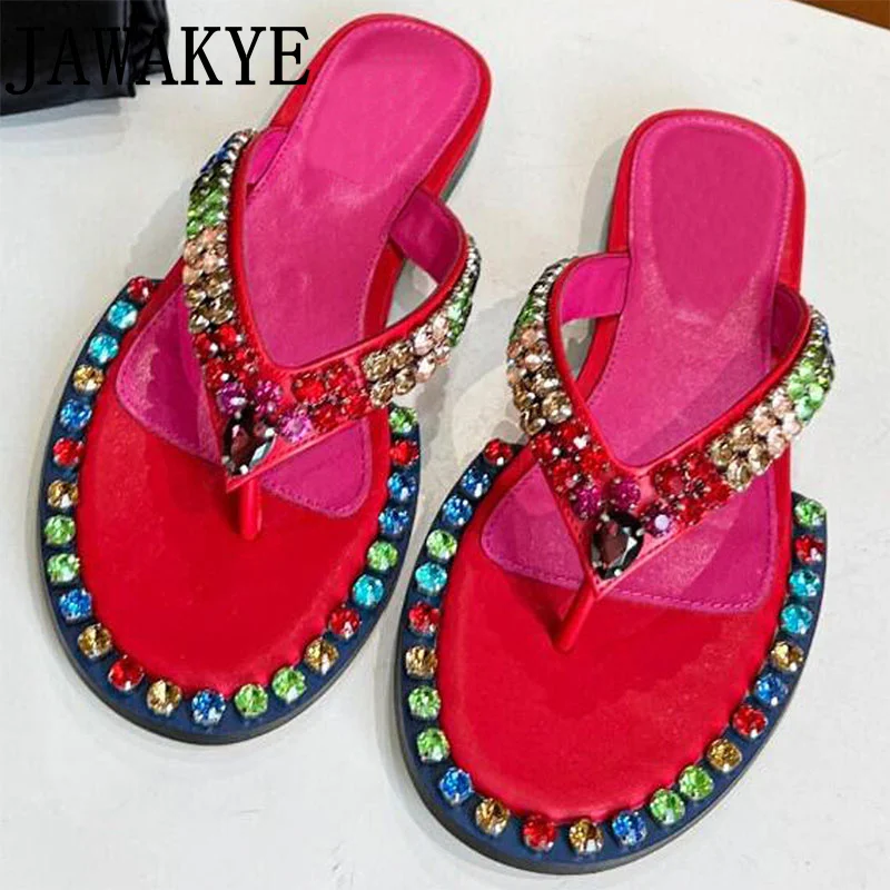 

2022 Summer Luxury Brand Flat Flip Flops Color Crystal Slippers for Women Round Toe Ladies Mules Vacation Beach Femme Slides