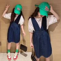 2022 new summer kids clothes sets girl jeans dresses children short sleeve t shirts and denim dress 2pcs outfits fashion suits