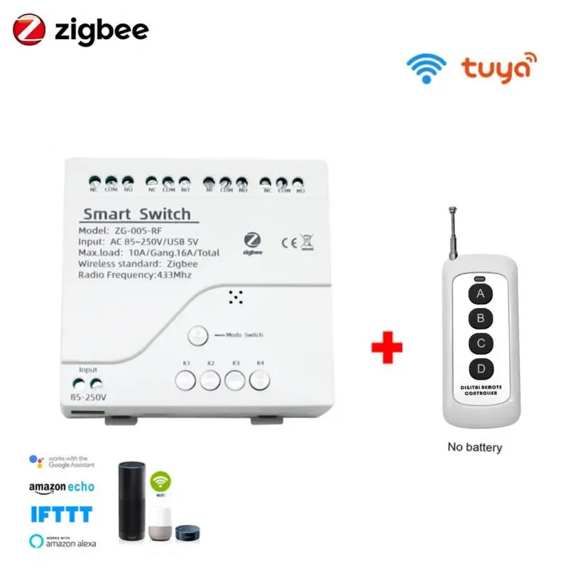 

Tuya Zigbee Smart Motor Switch Module,4CH DC 12V ,RF433 Radio Remote Control,4 Channels Inching Relay for Alexa Google Home