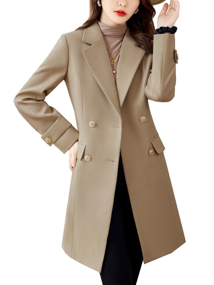 

Осенне-зимний женский Длинный блейзер, куртка цвета хаки, коричневого, черного цвета, Женская Деловая одежда для работы, официальное пальто
