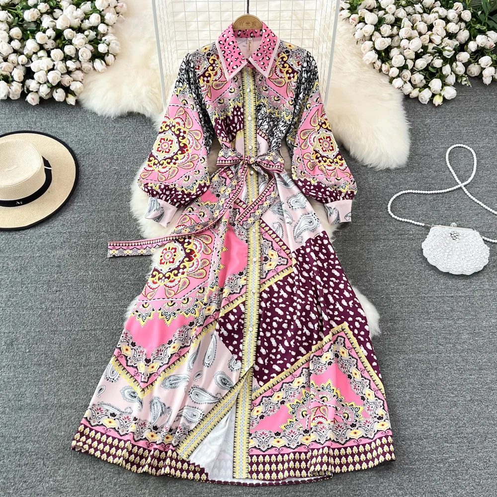 

2022 Spring And Summer New Palace Style Leopard Print Stitching Single-breasted Waist Long-sleeved Shirt Collar Long Dress Women