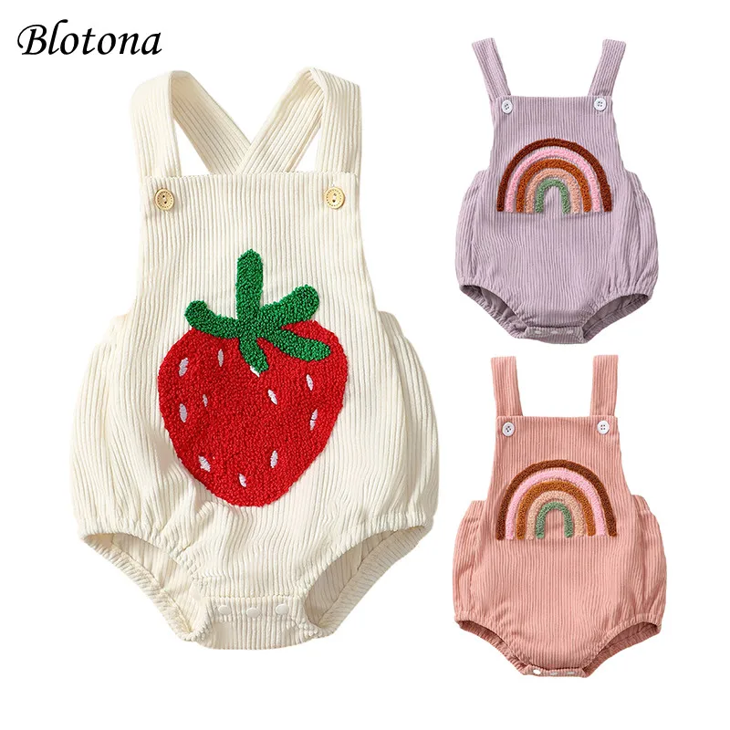 Детский летний комбинезон без рукавов с вышивкой в виде радуги/клубники