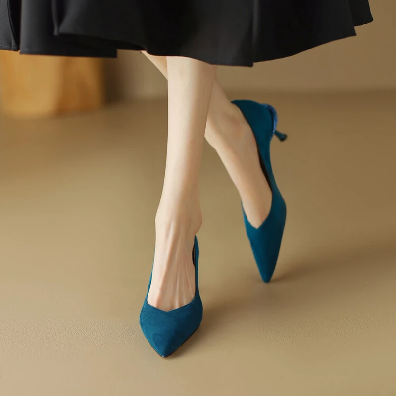 NEW Spring Women Shoes Pointed Toe Thin Heel Pumps for Women Sheep Suede High Heels Blue Women's Stiletto Heels zapatos de mujer