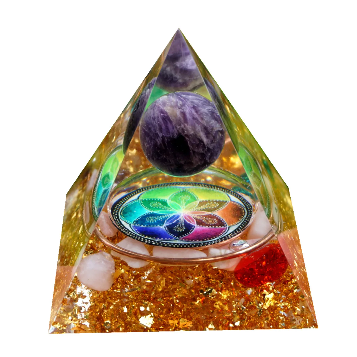 

Orgone Pyramid Handmade Amethyst Crystal Sphere Orgonite with Blue Red Quartz Copper Chakra Energy Healing Meditation Tool