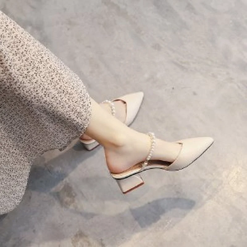 

Sandals Women's New Mid Heel Chunky Heel Pointed-Toe Fairy Style Temperament High Heel Toe Box Half Slippers for zapatos mujer