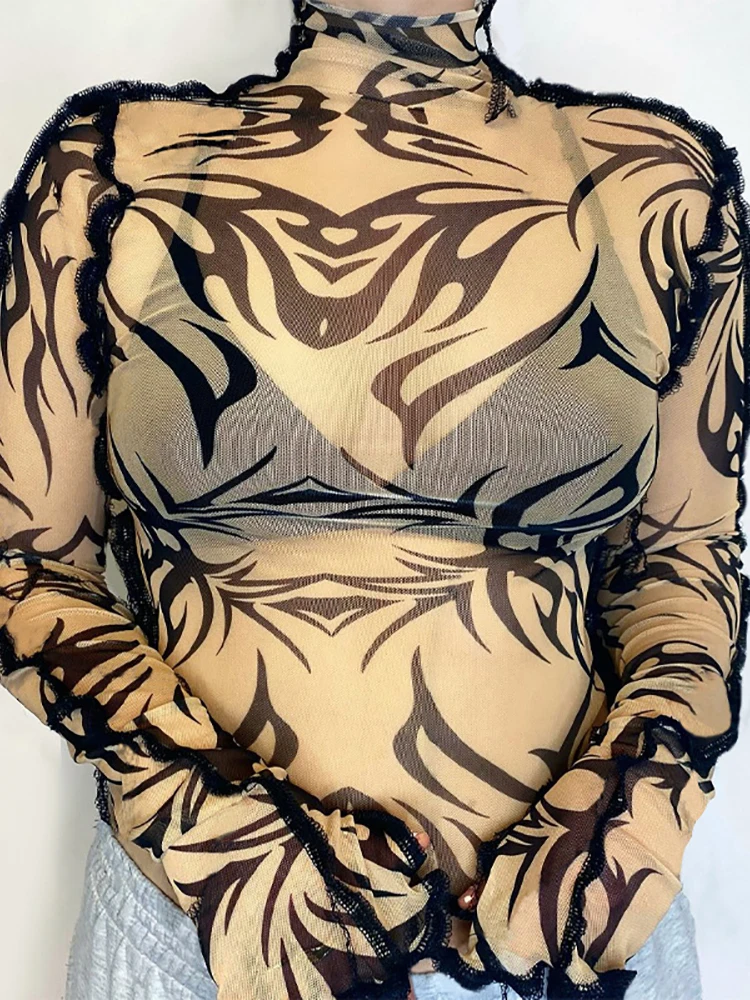 Goth Dark Punk Gothic Mesh Women T-Shirts Grunge Hip Hop Print Long Sleeve Turtleneck Crop Tops Sexy See Through Streetwear 2021