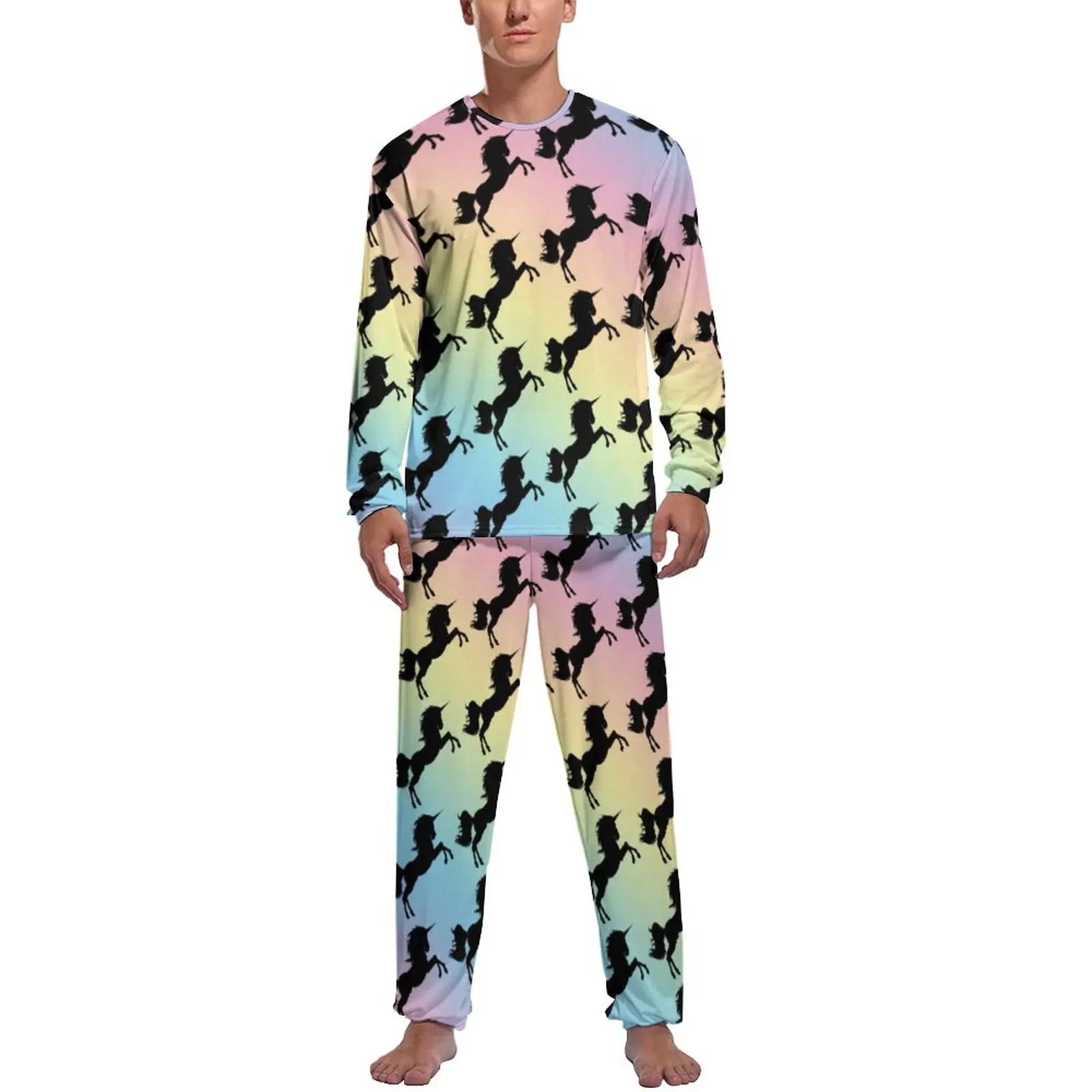 

Black Unicorn Silhouette Pajamas Long Sleeve Pastel Rainbow Print 2 Pieces Home Pajama Sets Spring Men Pattern Cute Nightwear