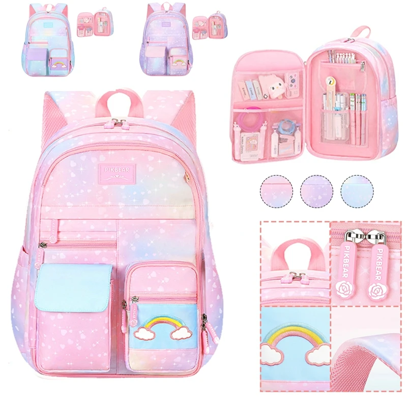 Side-Opening School Bags Waterproof School Backpacks for Girls Gradient Color Princess Backpack Kids Schoolbag Primary Mochilas