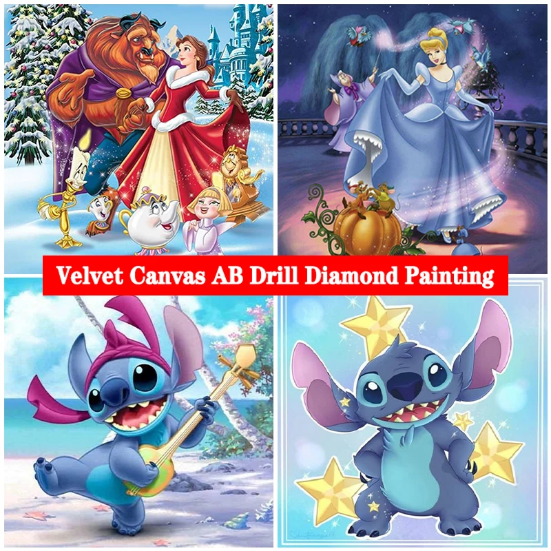 

5D DIY AB Velvet Canvas Diamond Painting Kit Princess Cute Stitch Diamond Art Cross Stitch Mosaic Picture Handcrafts Home Decors