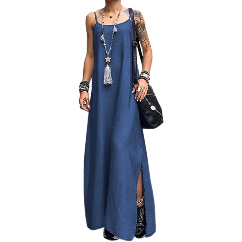 

Женское модное летнее платье, модель 2022 года, платье макси на бретельках с разрезом, женское однотонное Свободное длинное джинсовое платье ...