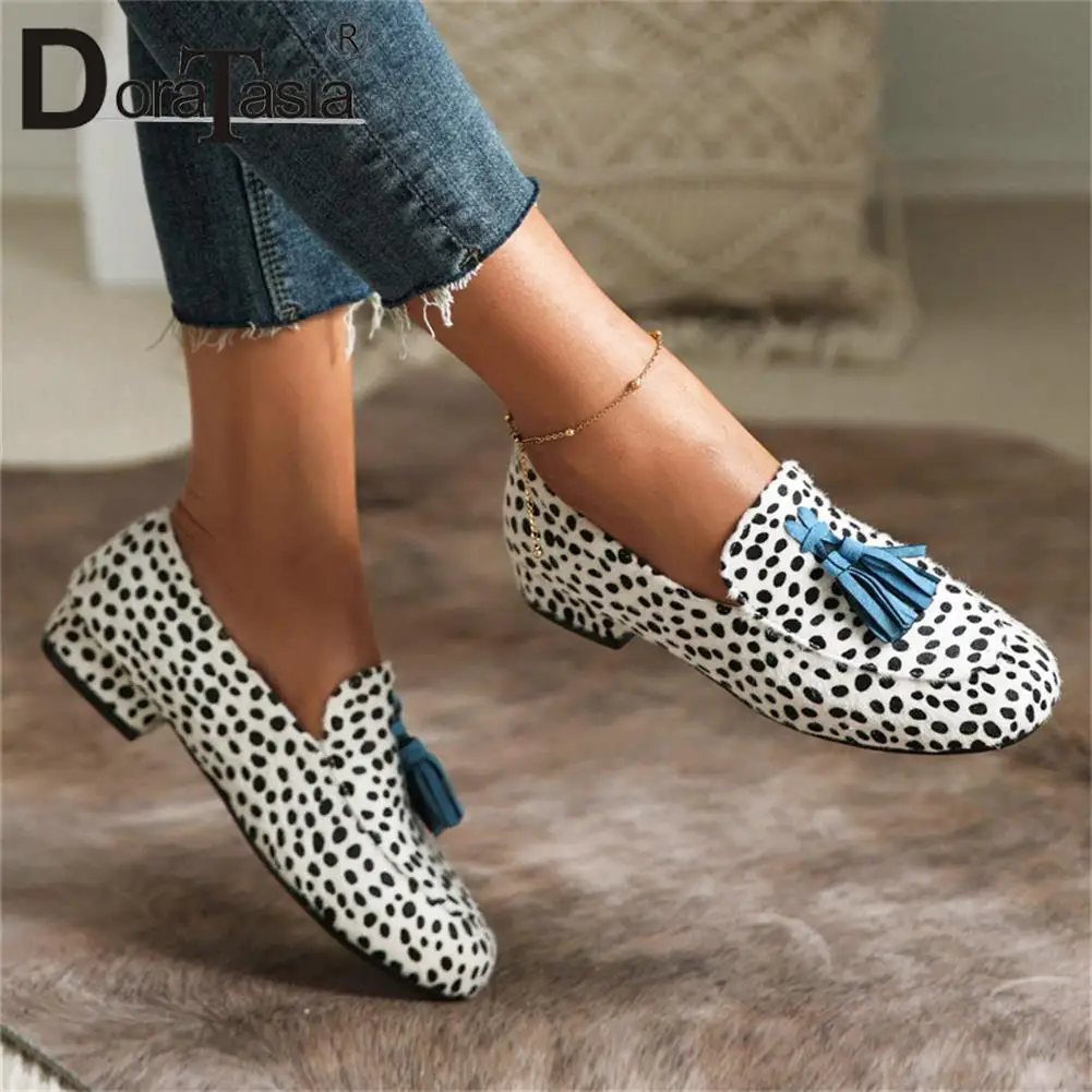 

Big Size 43 Brand New Female Round Toe Pumps Fashion Fringe Leopard Polka Dot Chunky Heel women's Pumps Casual Party Woman Shoes