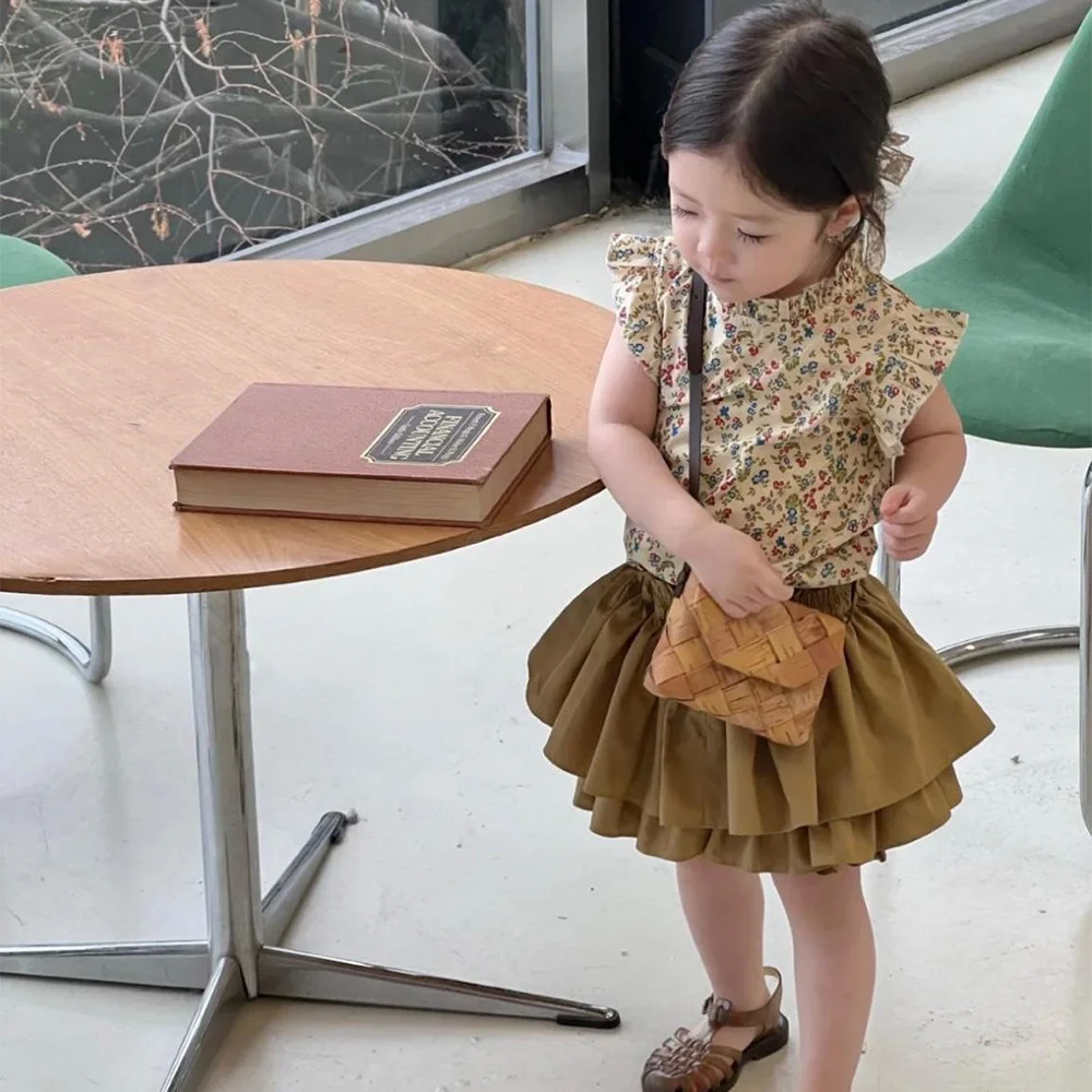 

Korea Chidlren Clothing Set Summer New Korean Girls Cotton Floral Shirt Tops + Cake Skirt Suit 2pcs Children's Sets Girls Suit