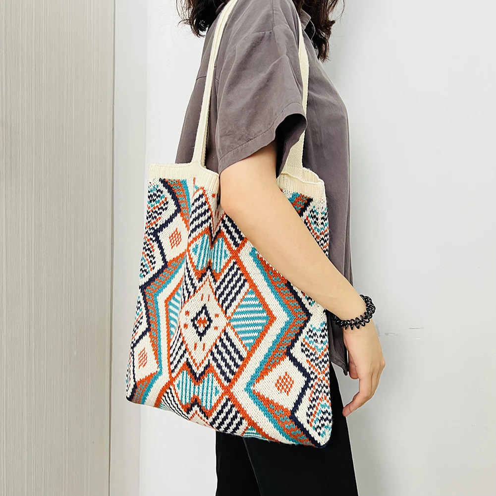 

Модная вязаная сумка-тоут через плечо, Женская этническая сумка-шоппер в стиле бохо, крючком, сумки с ручками, брендовые дизайнерские дорожн...