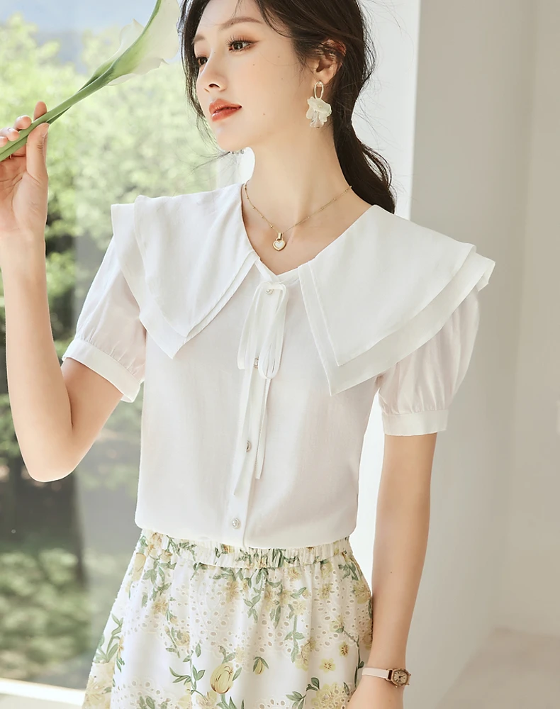 

Vimly French Sweet White Shirt Women 2023 Summer 2023 Fashion Peter Pan Collar Short Sleeve Lace Up Casual Shirts and Blouses