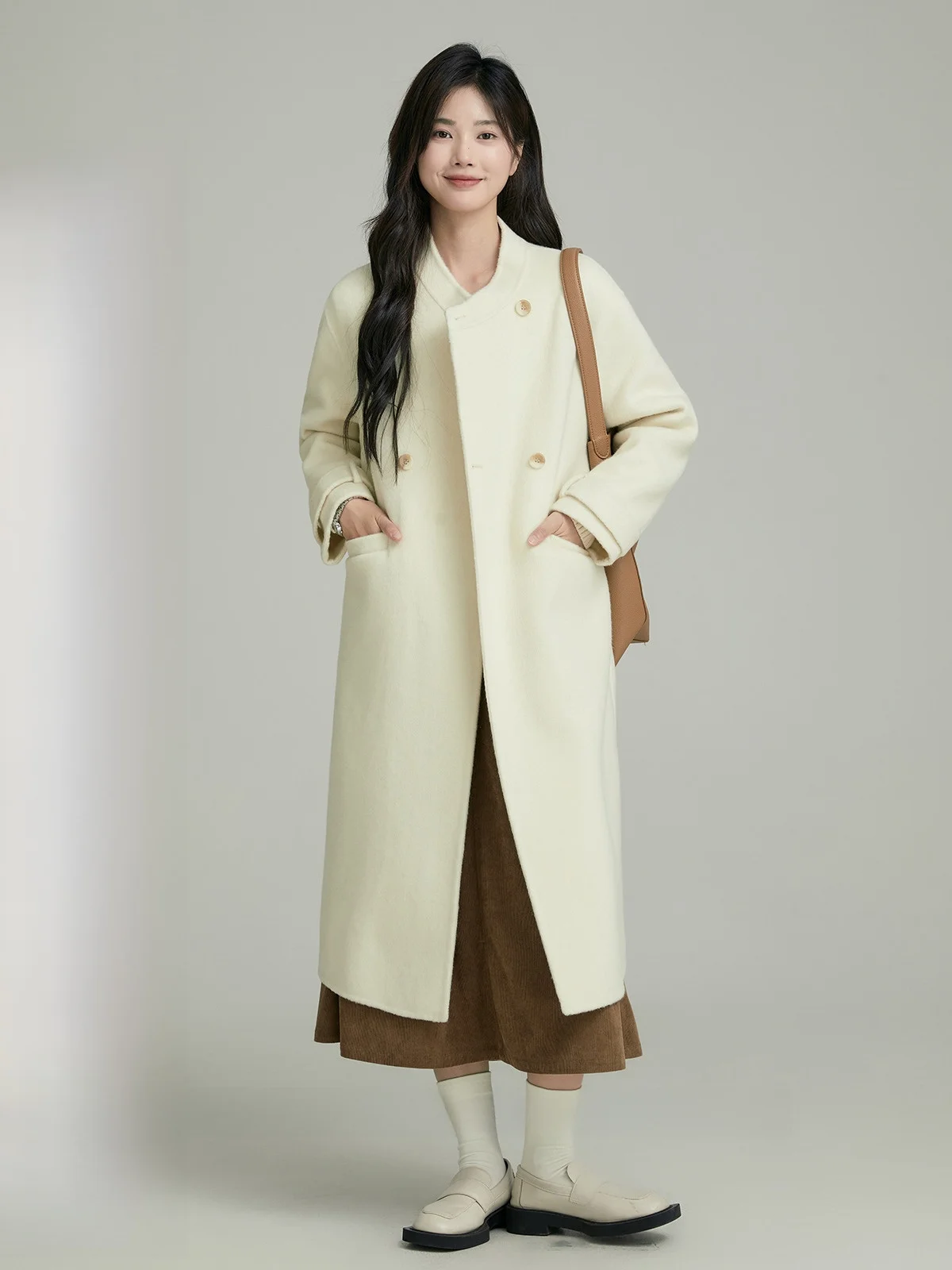 Женская шерстяная куртка средней длины Xijing абрикосовая зимняя новинка 2024