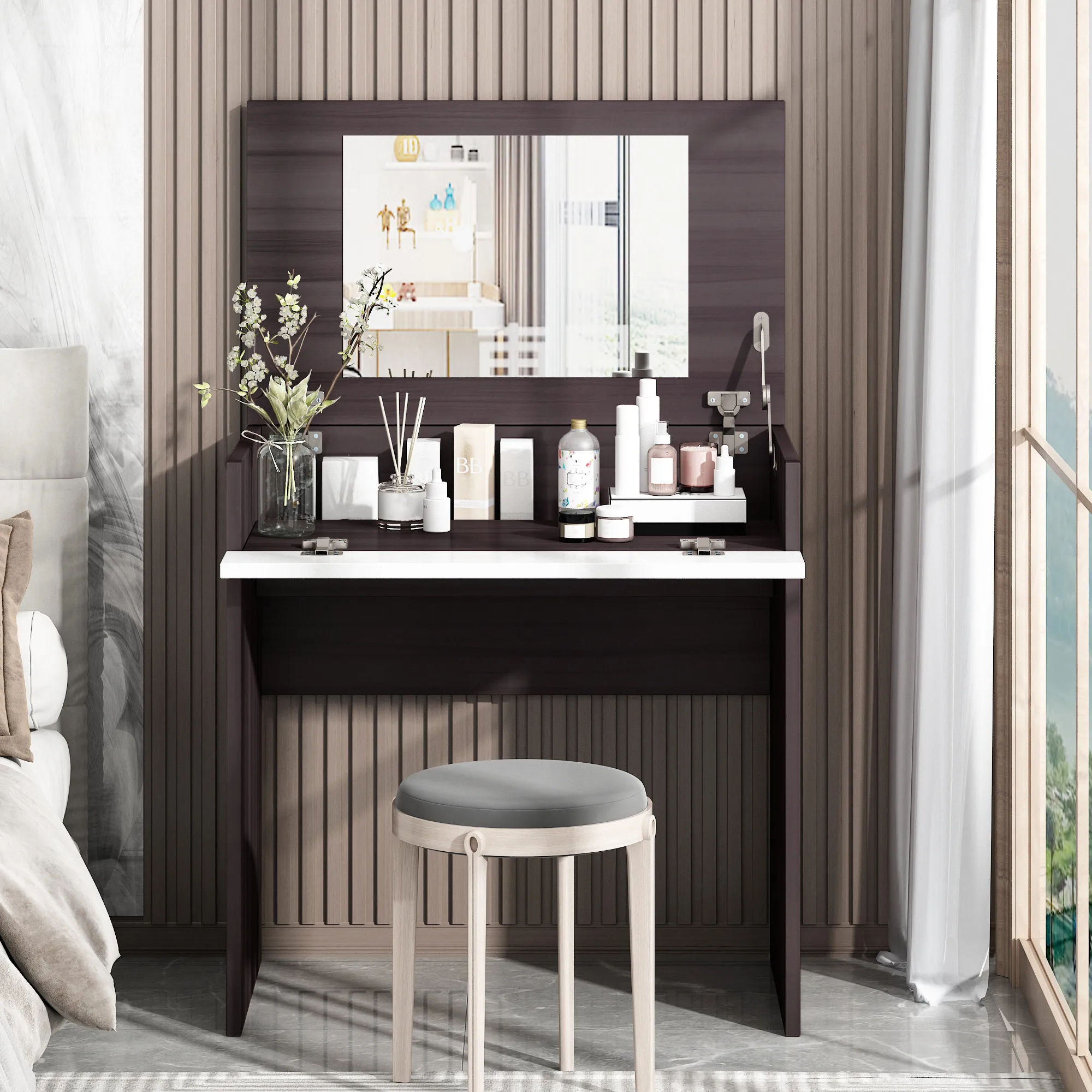 

Vanity Make-up Dressing Table with Flip up Mirror Top Spacious Storage Vanity Table, Ebony and White
