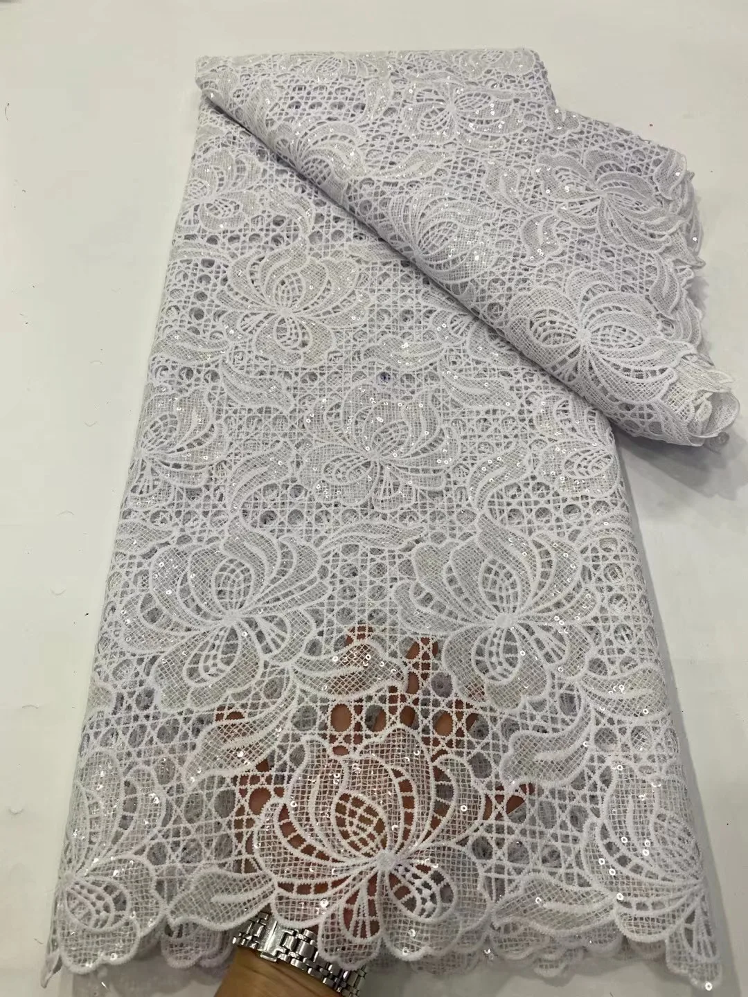 

White African Sequin Cord Lace Fabric 2022 High Quality Nigerian Guipure Lace Fabric French Embroidery Mesh Lace Fabric KDP22102