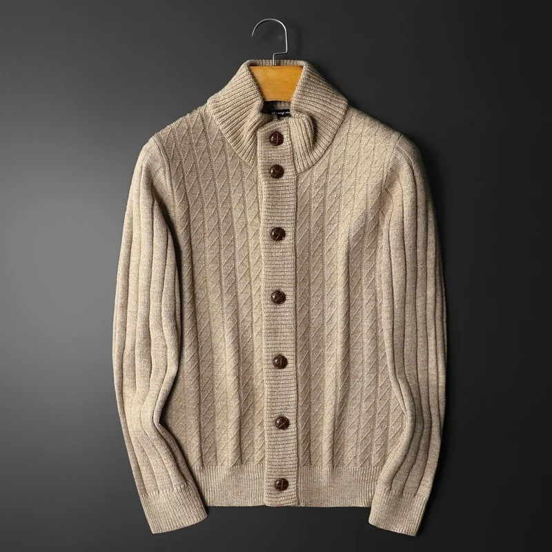 Coase Luxury Yarn Sweater Men Cardigan Black Khaki Warm Comfy Fashion Sweater Stand Collar Thick Knitted Cardigan Men Sweater