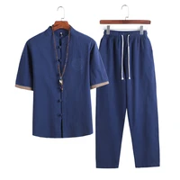 summer chinese style linen tang suit traditional clothing men shorts tai chi uniform retro v neck short sleeve shirt pants set