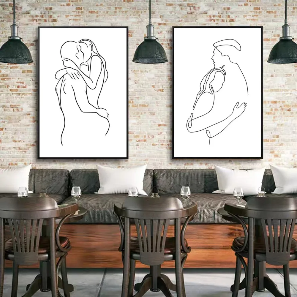 Черно-белая Пара Линия Ретро Плакат Наклейки Клейкие Фото На Стены Для Гостиной