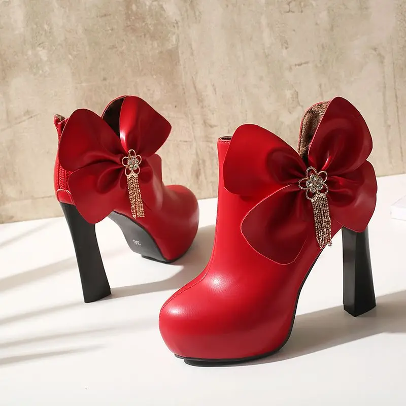 Европейские и американские модные красные свадебные ботинки на молнии сзади, хипстерские ботинки с бархатным бантом, теплые ботинки на мас...