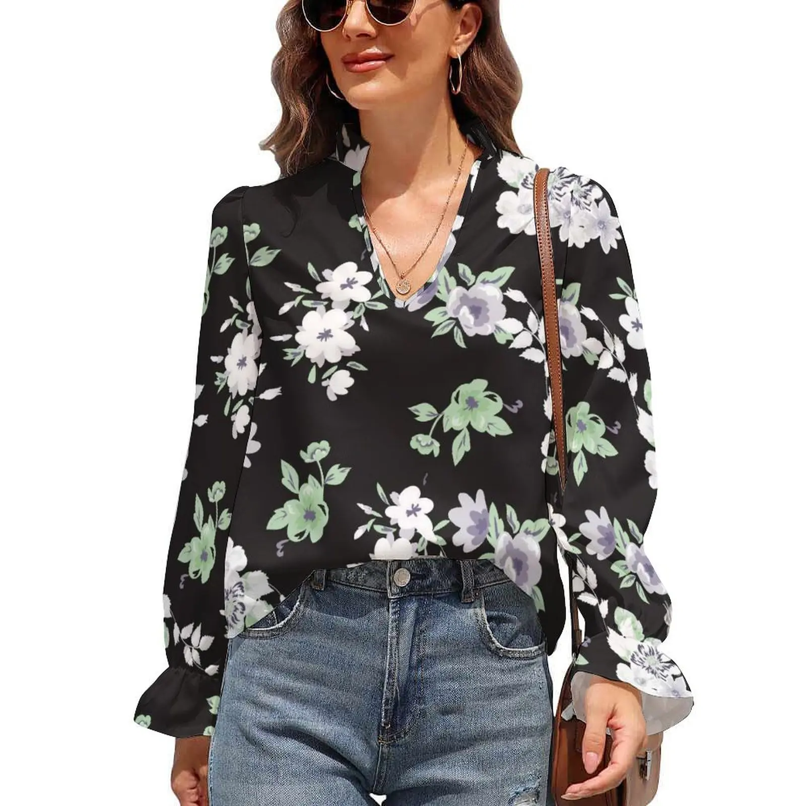 

Daisies Trendy Chiffon Blouse Flowers Print Cool Blouses Female Puff Sleeve Street Wear Shirts Spring V Neck Printed Clothing