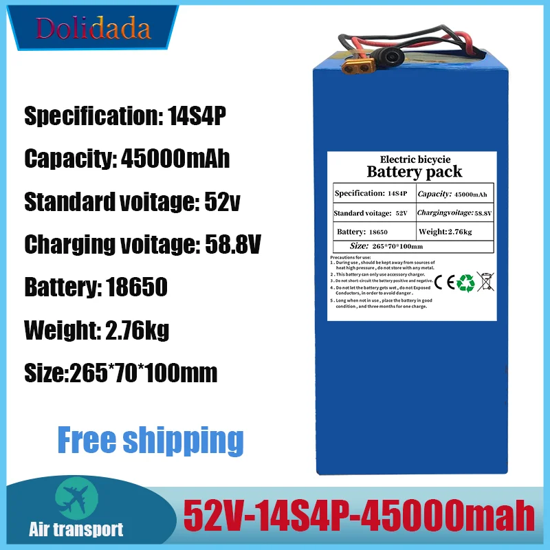 

High capacity lithium battery 52V 14S4P 45000mAh 18650 1000W, used for balancing cars, electric bicycles, scooters, tricycles