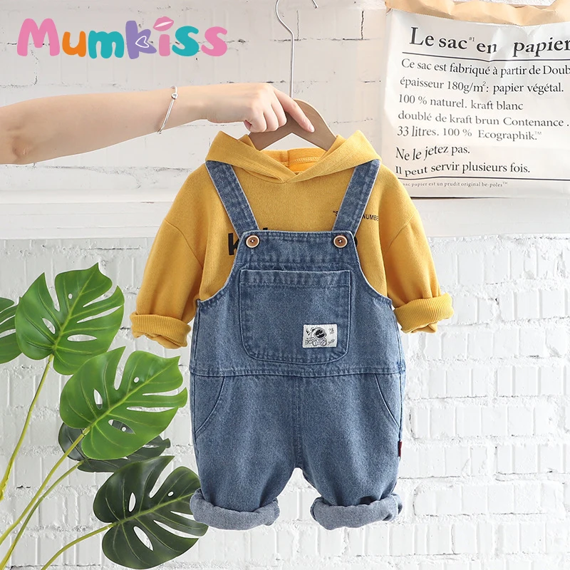 

Mumkiss Baby Set Spring And Autumn Cotton Hooded Letter Pattern Children Top Solid Simple Casual Kids Denim Strap Pants
