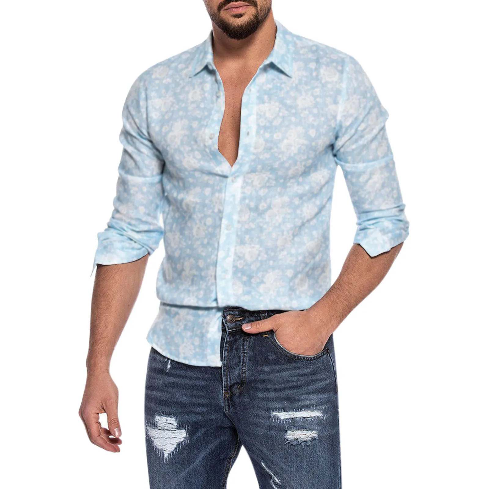 

Men Turndown Collar Long Sleeve Casual Print Shirt Blouse Tops White Ling Sleeve Shirt