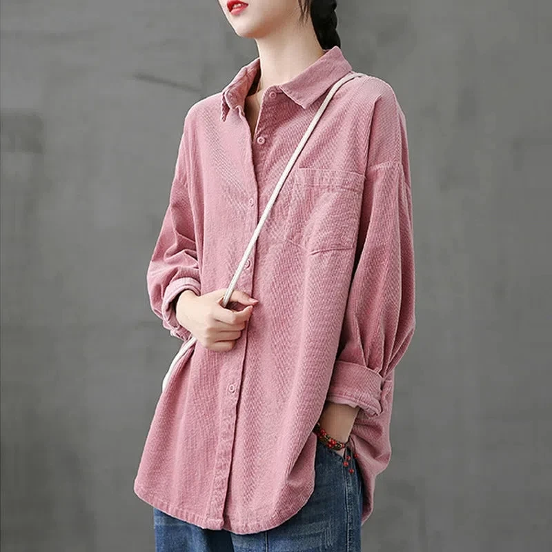 

Corduroy Woman Blouses Shirts Ladies Coats Spring Autumn Long Sleeve Baggy Blouse Buttoned Loose Cardigan Fashion 2023 Top