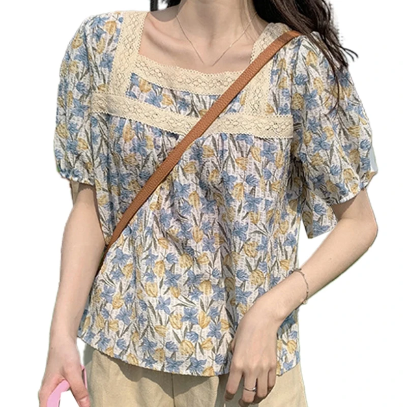 

Elegant Women Summer Casual Tops Blouses Floral Tops Puff Sleeve Shirt Fashion Square Neck Tops for Holiday Daily Party