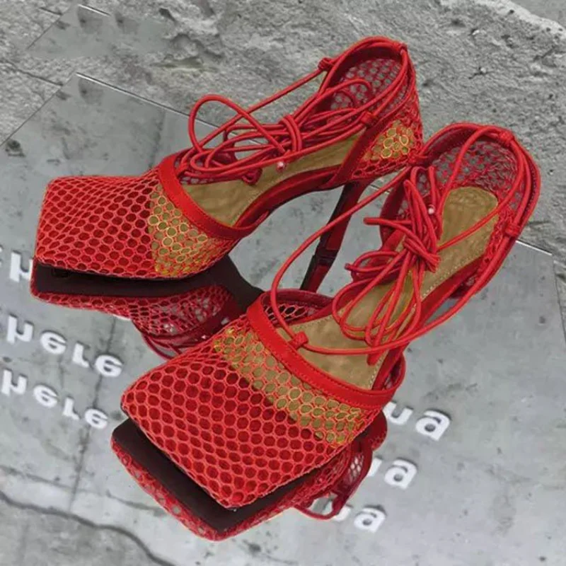 

Женские сетчатые босоножки на высоком каблуке, туфли-лодочки с квадратным носком, на шнуровке, с перекрестной шнуровкой, привлекательные туфли на тонком каблуке, новинка 2023