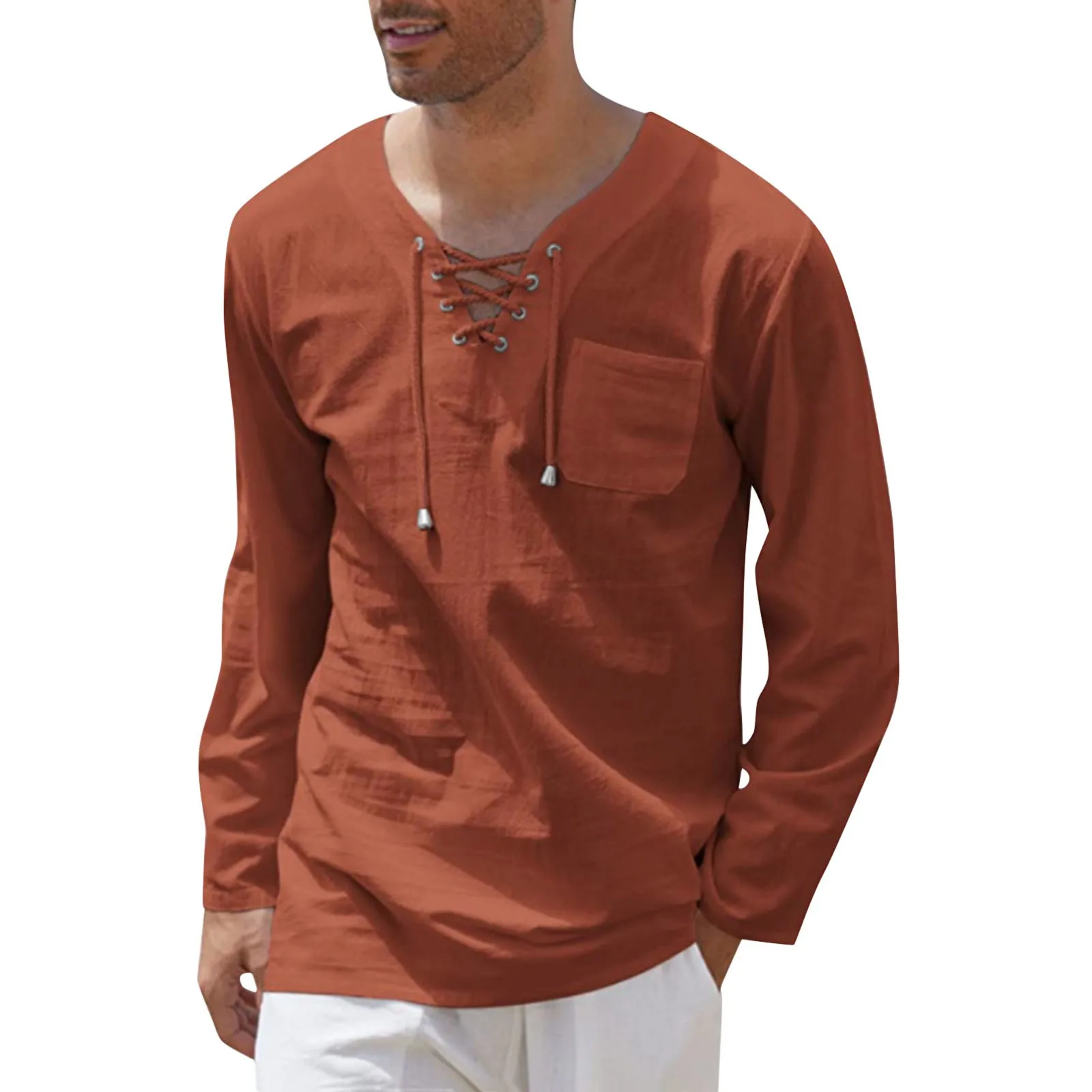 

Long Sleeves for Men under 10 Dollars Mens Fall And Winter Leisure Travel Cotton Linen Vintage Hoodless T Shirt Work Men