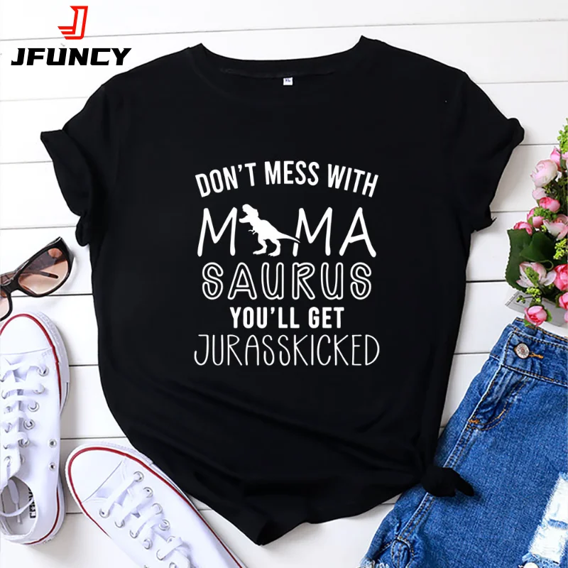 

JFUNCY Summer Women T-shirt Fashion Letter Print Mom T Shirt Female Loose Tshirt 100% Cotton Short Sleeve Ladies Tees Woman Tops