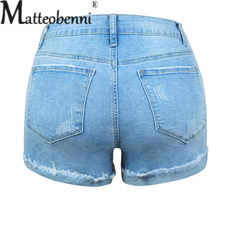 Fashion Street Stretch Tight Denim Shorts Female Casual Light Blue Broken Holes Three Quarter Pants 2023 Summer Women's Clothing