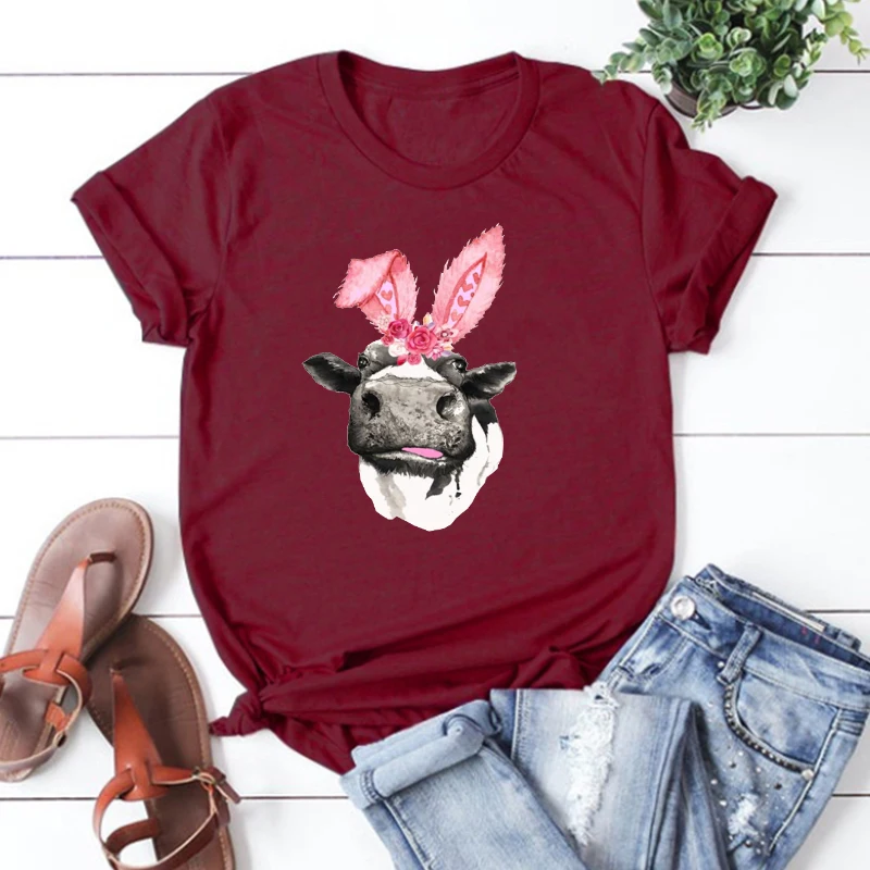 

Funny Easter Shirt for Women with A Cow with Bunny Ears Unisex Spring T-Shirt Heifer Please with Rabbit Ears Tee Classic L