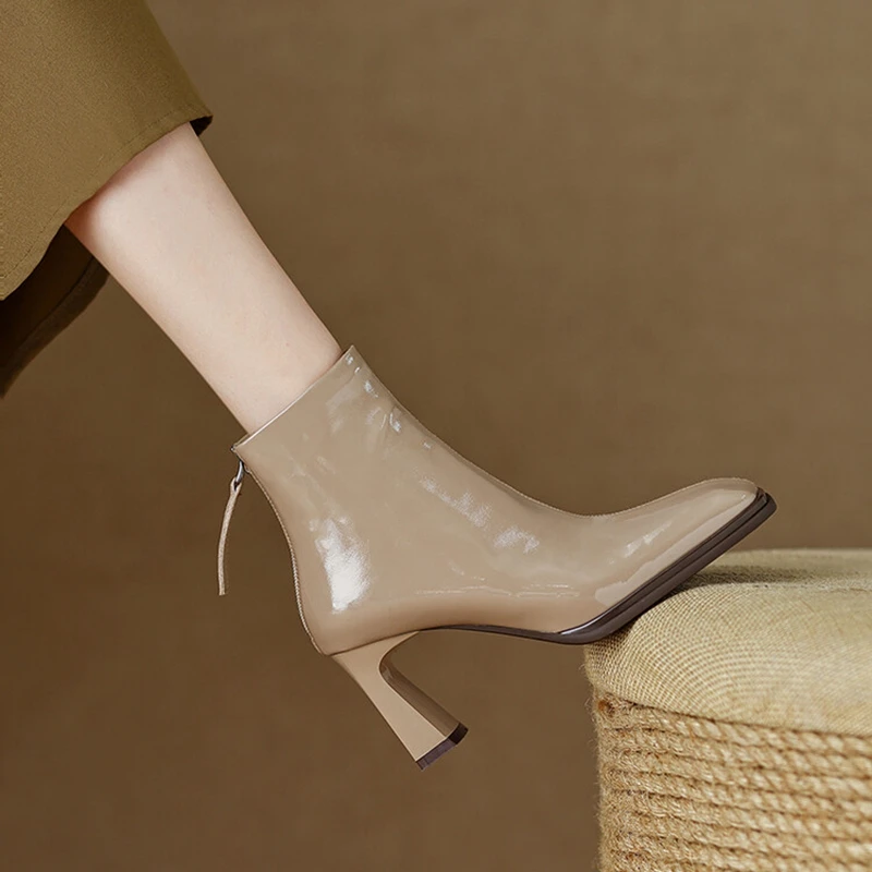 

NEW Fall Shoes Women Patent Leather Short Boots Square Toe Chunky Heel Boots Women Winter Mature Women Boots Solid Modern Boots