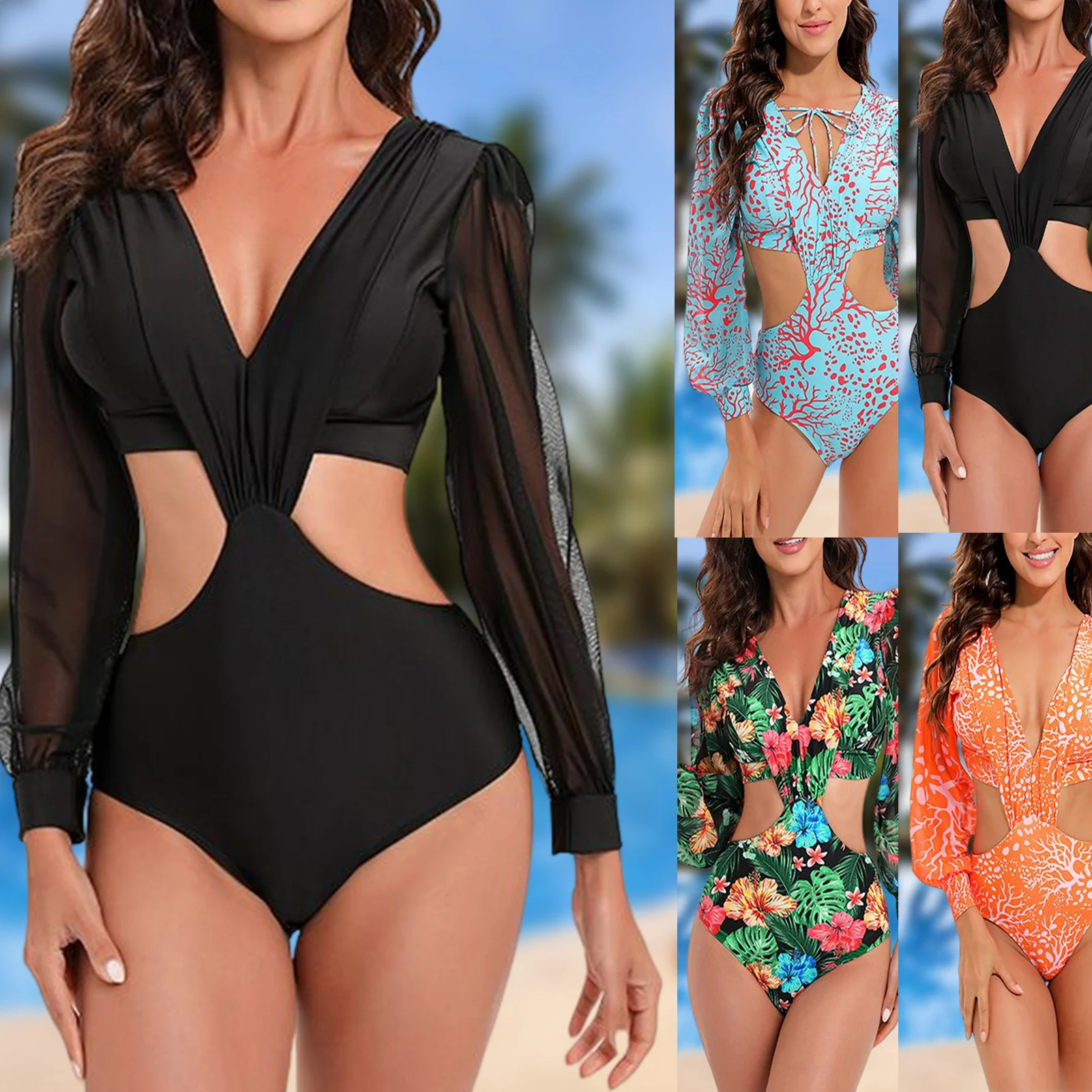 

Купальник цельный женский с V-образным вырезом и принтом