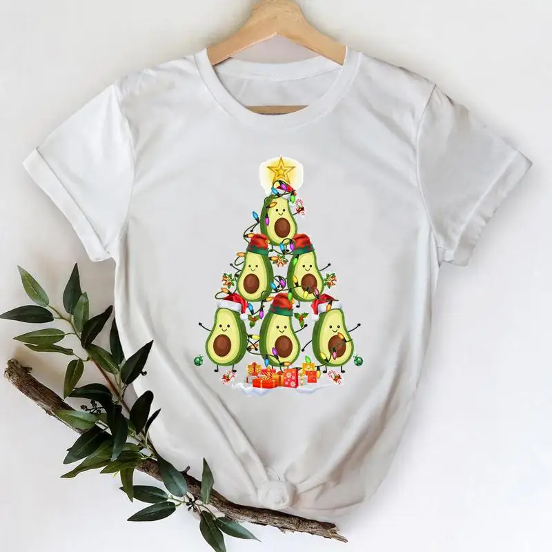 

Avocado New Year Tree Trend Women T-shirts Merry Christmas Festival Cartoon Winter Fashion Print Top Graphic Tshirt Travel Tee